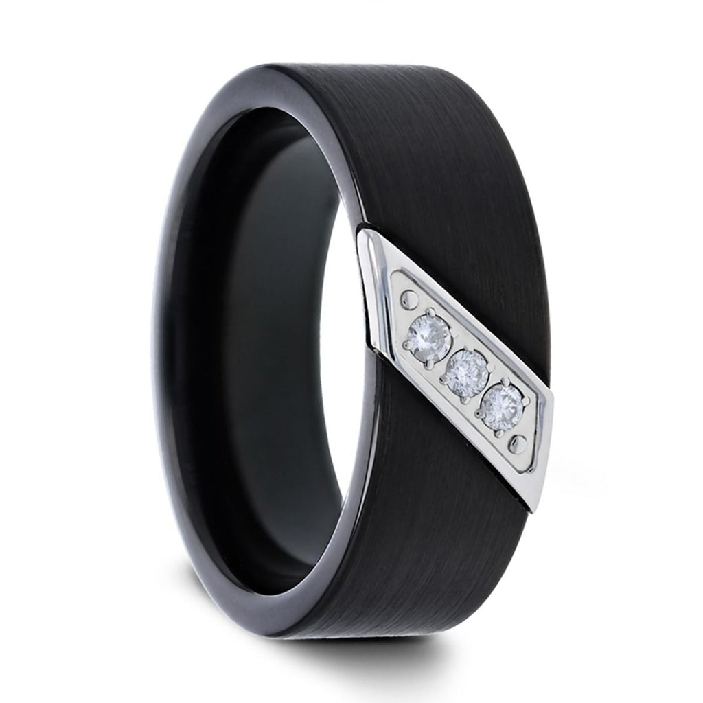 Flat Black Satin Finished Tungsten Carbide Wedding Band with Diagonal Diamonds Set in Stainless Steel - 8mm - LIAM- Sparkle & Jade-SparkleAndJade.com 