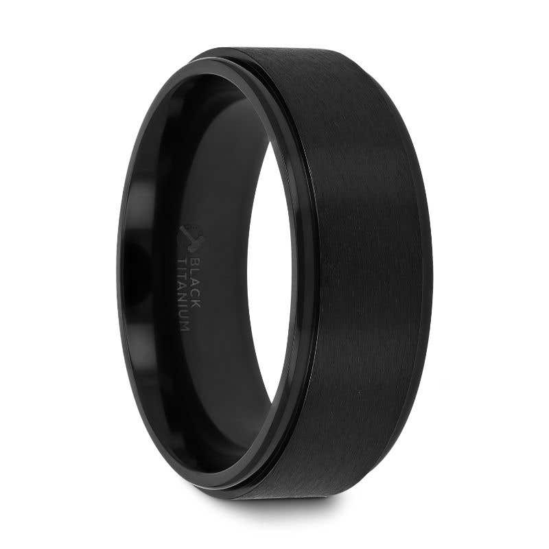 Flat Black Titanium Ring with Brushed Raised Center & Polished Edges - 8mm - Babylon- Sparkle & Jade-SparkleAndJade.com 