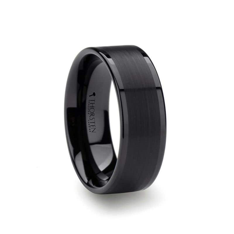 Flat Black Tungsten Ring with Brushed Center & Polished Edges - 4mm - 12mm - Vulcan- Sparkle & Jade-SparkleAndJade.com 