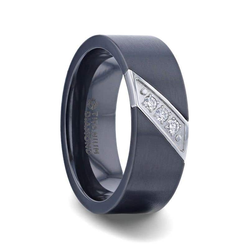 Thorsten JAGUAR Flat Brushed Black Titanium Men's Wedding Band With Small Silver-Coated Diagonal Design And A Set of 3 Diamonds - 8mm- Sparkle & Jade-SparkleAndJade.com 