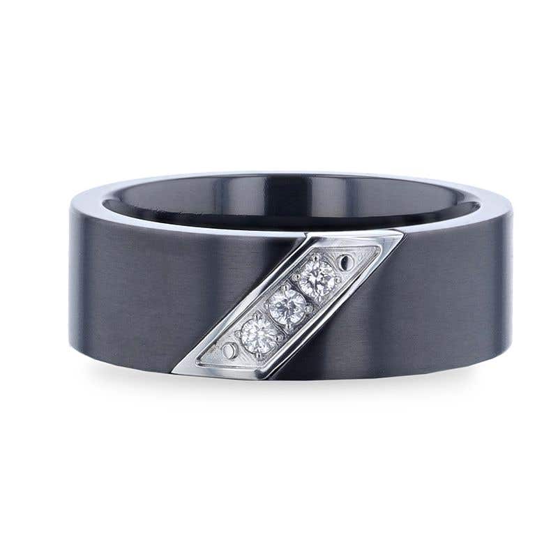 Thorsten JAGUAR Flat Brushed Black Titanium Men's Wedding Band With Small Silver-Coated Diagonal Design And A Set of 3 Diamonds - 8mm- Sparkle & Jade-SparkleAndJade.com 