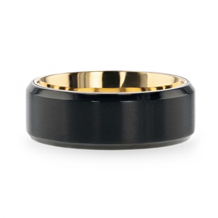 Flat Brushed Black Titanium Men's Wedding Ring With Yellow Gold Plating Interior And Beveled Polished Edges - 8mm - VELVET- Sparkle & Jade-SparkleAndJade.com 