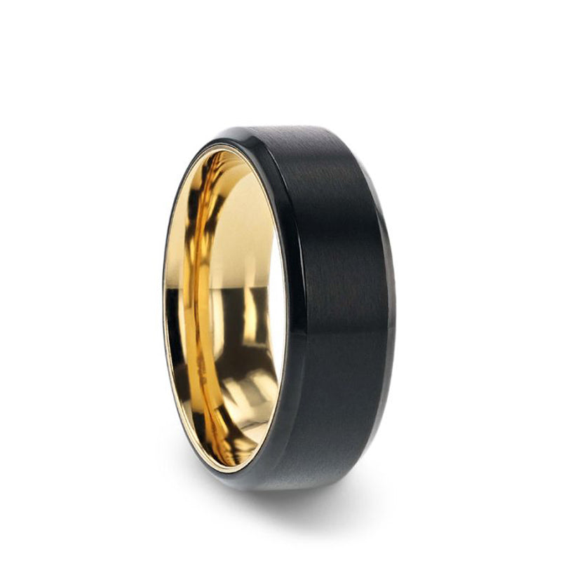 Flat Brushed Black Titanium Men's Wedding Ring With Yellow Gold Plating Interior And Beveled Polished Edges - 8mm - VELVET- Sparkle & Jade-SparkleAndJade.com 