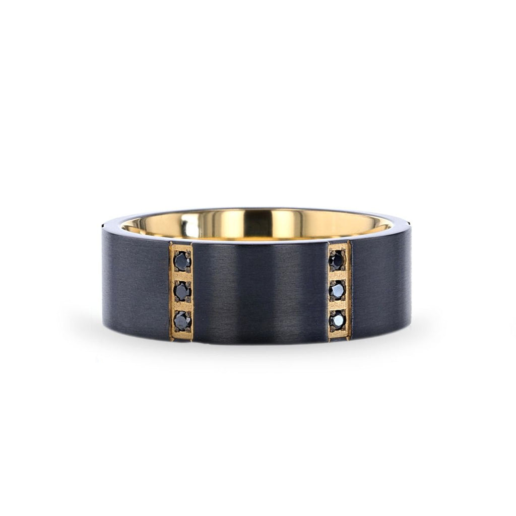 Flat Brushed Black Titanium Ring Gold Plated Inside with 6 Gold Plated Stainless Steel Bezels Triple Black Diamond Setting - MURAMASA- Sparkle & Jade-SparkleAndJade.com 