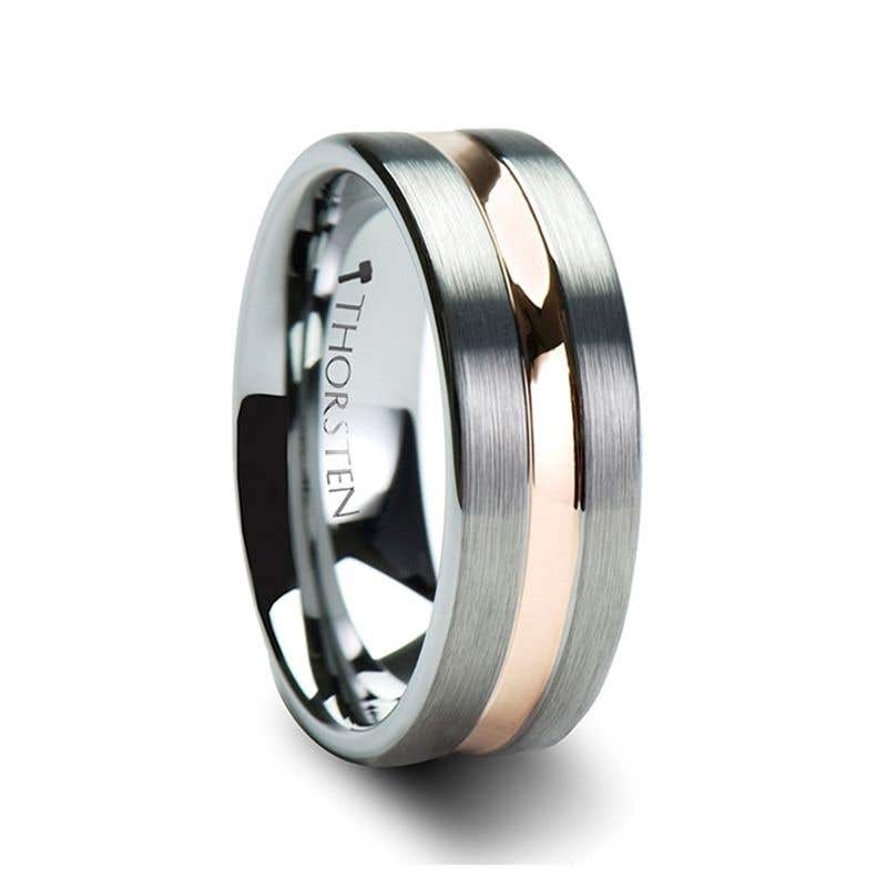 Flat Brushed Finish Tungsten Carbide Ring with Rose Gold Plated Groove