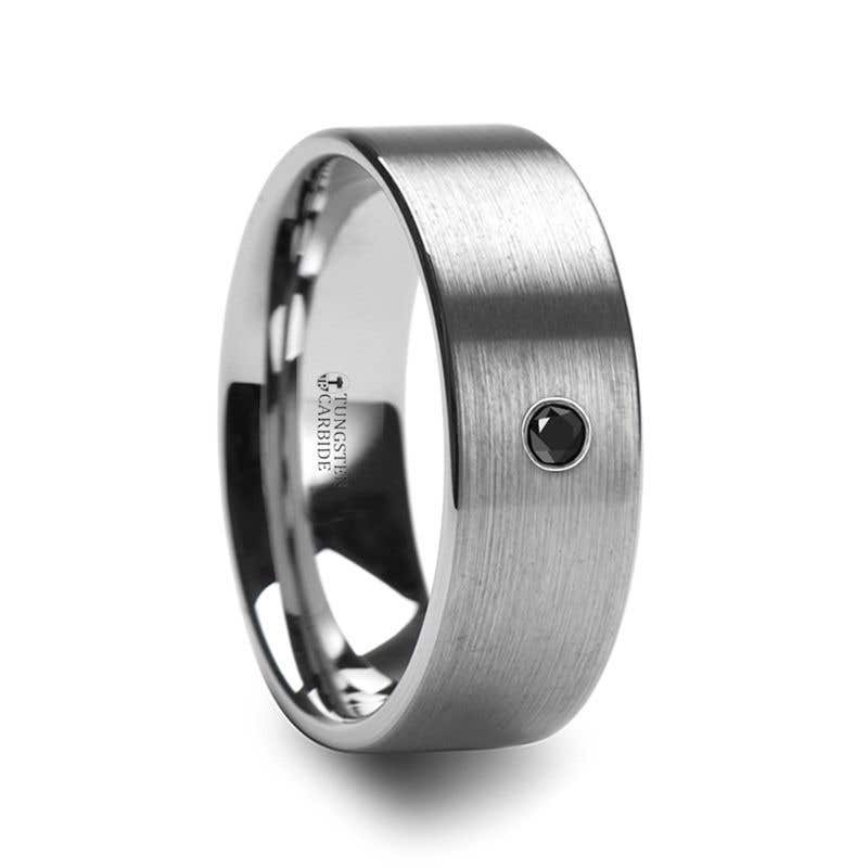 Flat Brushed Tungsten Men’s Wedding Ring with Black Diamond - 6mm & 8mm - IRENAEUS- Sparkle & Jade-SparkleAndJade.com 