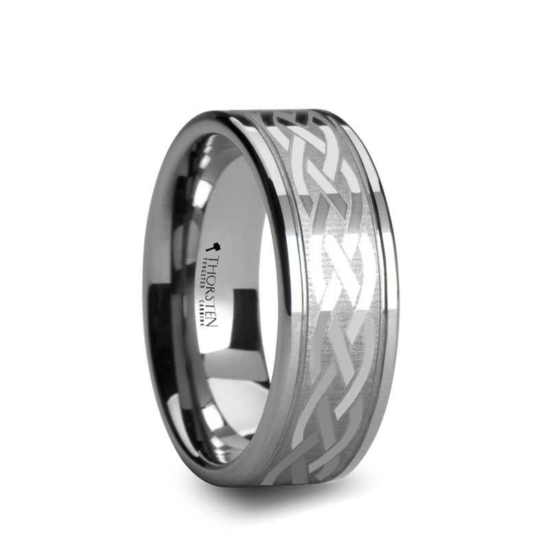 Flat Dual Offset Grooved Tungsten Ring with Celtic Design - 8mm & 10mm - Paetus- Sparkle & Jade-SparkleAndJade.com 