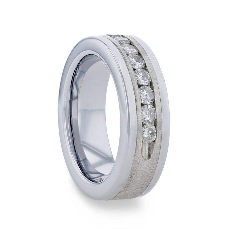 Flat Tungsten Carbide ring with Satin Finished Silver Inlay and 0.9 ctw Channel Set Diamonds by Thorsten - 8mm - HOLDEN- Sparkle & Jade-SparkleAndJade.com 