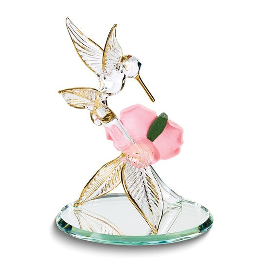 Glass Baron Small Hummingbird on Porcelain Rose Branch Glass Figurine- Sparkle & Jade-SparkleAndJade.com GL3734 P1 352G-K