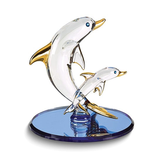 Glass Baron Small Dolphin & Baby Glass Figurine w/ 22k Gold- Sparkle & Jade-SparkleAndJade.com GL3726 S2 264G-B