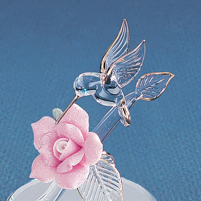 Glass Baron Small Hummingbird on Porcelain Rose Branch Glass Figurine- Sparkle & Jade-SparkleAndJade.com GL3734 P1 352G-K