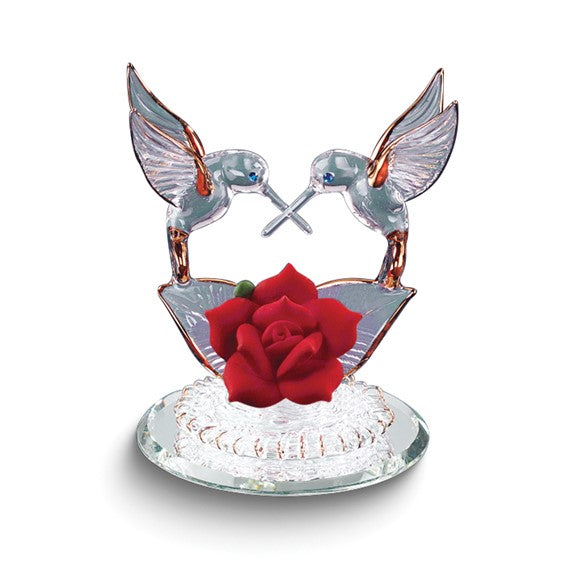 Glass Baron Small Hummingbirds & Red Porcelain Rose Glass Figurine- Sparkle & Jade-SparkleAndJade.com GP1129