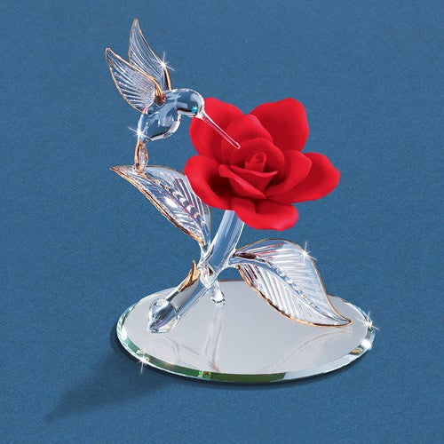 Glass Hummingbird Red Porcelain Rose Figurine w/ 22k Gold- Sparkle & Jade-SparkleAndJade.com GM15137