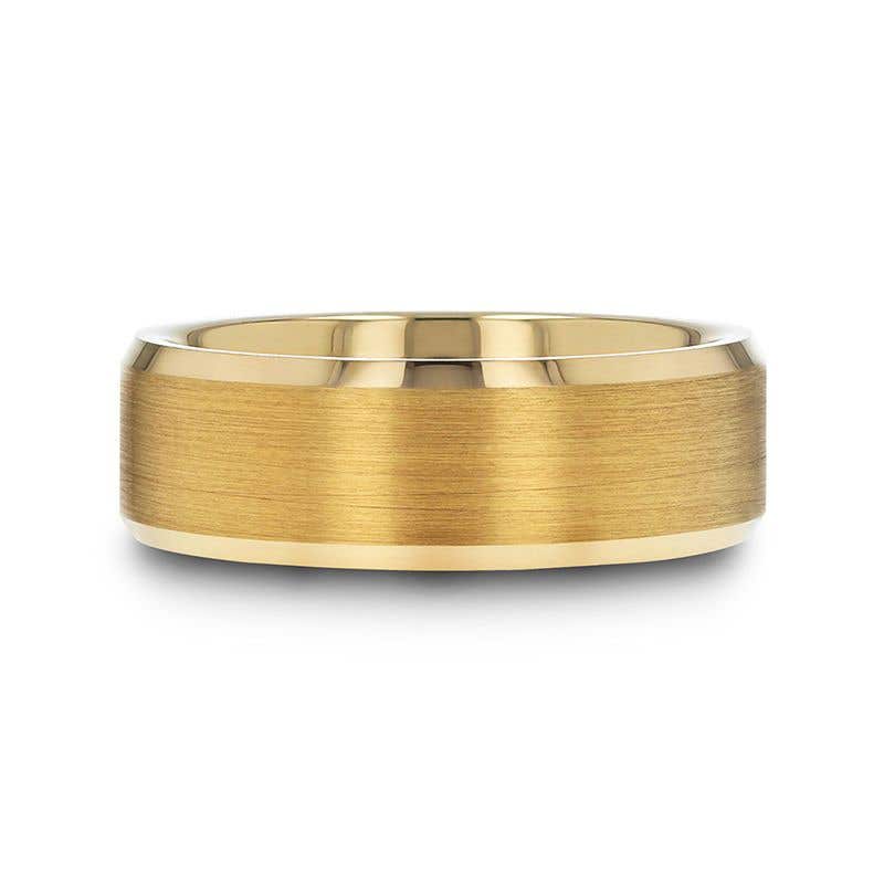 Gold-Plated Tungsten Beveled Polished Edges Flat Ring with Brushed Center - 6mm & 8mm - Honor- Sparkle & Jade-SparkleAndJade.com 