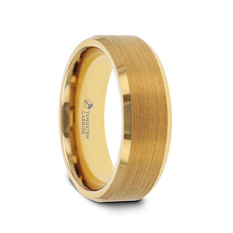 Gold-Plated Tungsten Beveled Polished Edges Flat Ring with Brushed Center - 6mm & 8mm - Honor- Sparkle & Jade-SparkleAndJade.com 