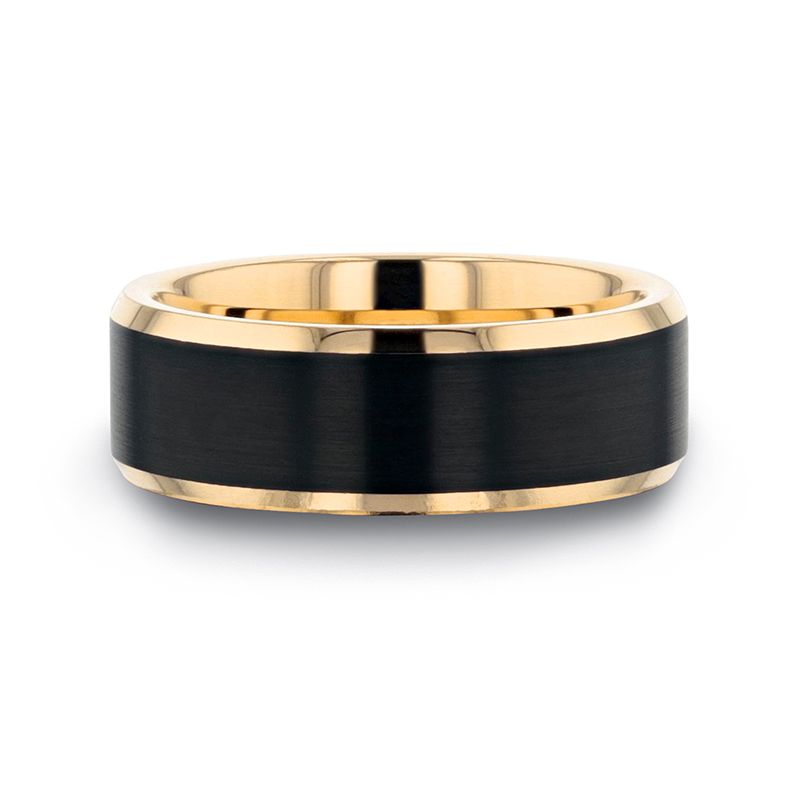 Gold Plated Tungsten Polished Beveled Ring with Brushed Black Center - 6mm 8mm - GASTON- Sparkle & Jade-SparkleAndJade.com 