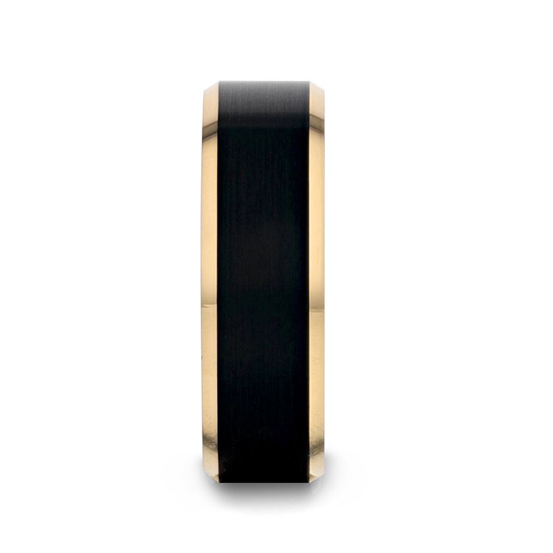 Gold Plated Tungsten Polished Beveled Ring with Brushed Black Center - 6mm 8mm - GASTON- Sparkle & Jade-SparkleAndJade.com 