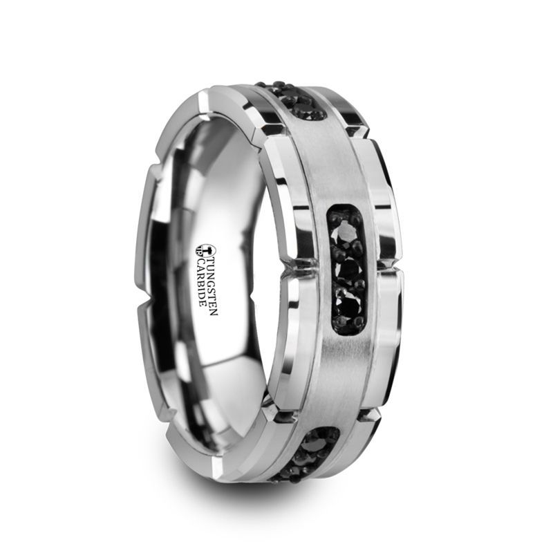 Grooved Tungsten Ring with Silver Inlay & Black Diamonds - 8mm -VALOR- Sparkle & Jade-SparkleAndJade.com 