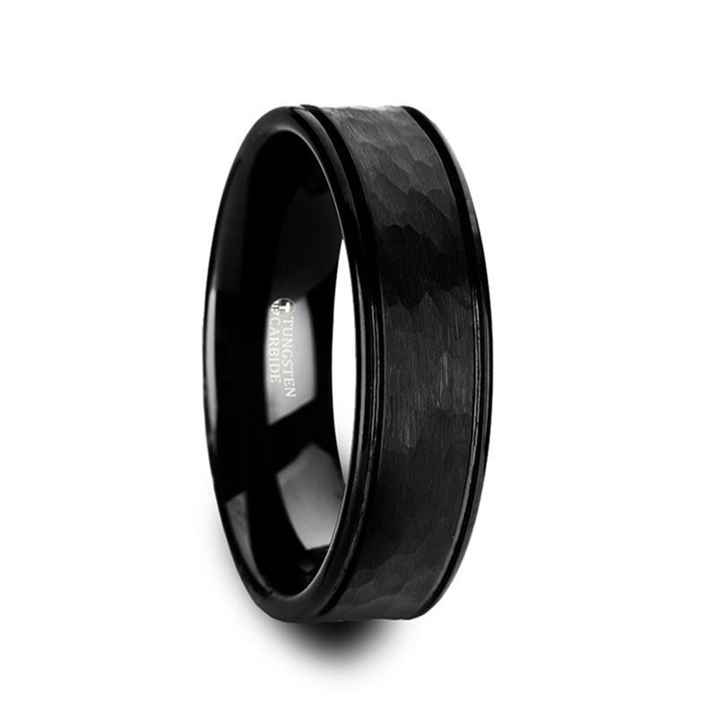 Hammered Finish Center Black Tungsten Carbide Wedding Band with Dual Offset Grooves and Polished Edges - 6mm or 8mm - JOINER- Sparkle & Jade-SparkleAndJade.com 