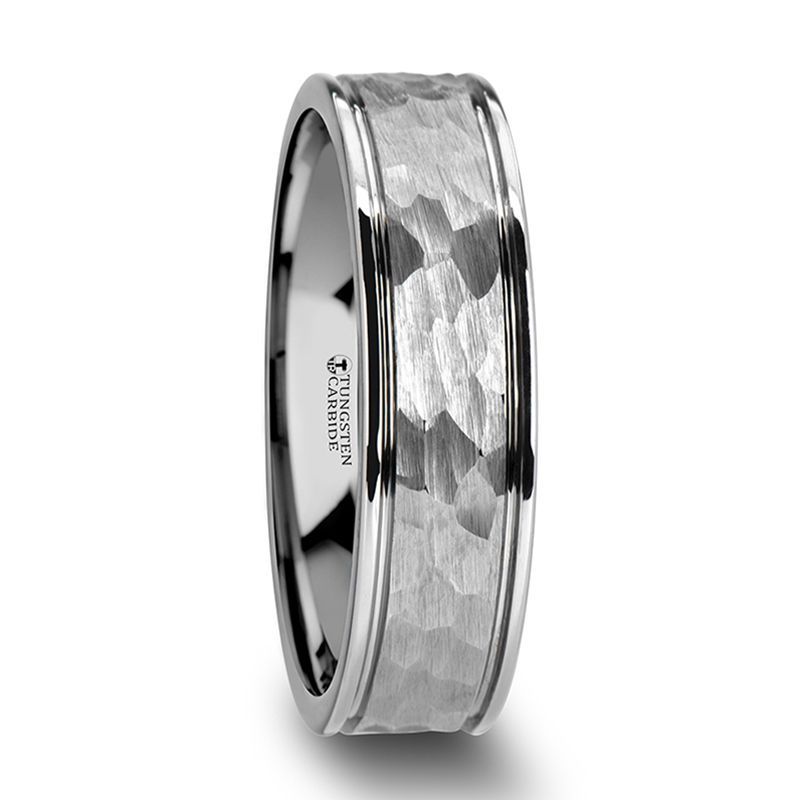 Hammered Finish Center White Tungsten Carbide Wedding Band with Dual Offset Grooves and Polished Edges - 6mm or 8mm - THORNTON- Sparkle & Jade-SparkleAndJade.com W2049-DGHF