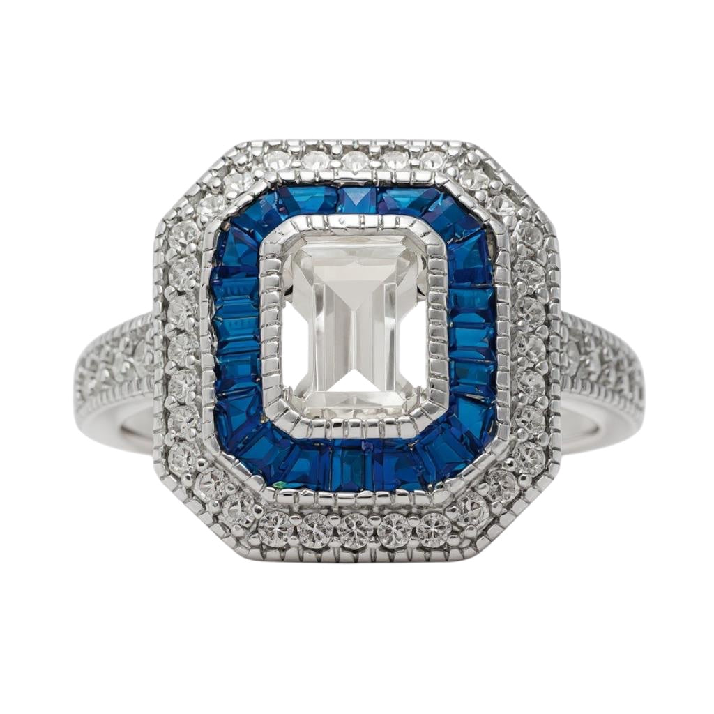 Sterling Silver Diamonique And Simulated Sapphire Deco Ring- Sparkle & Jade-SparkleAndJade.com 