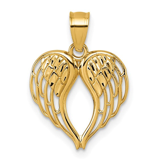 14k Gold Diamond-cut Cut-out Wings In Heart Shape Pendant- Sparkle & Jade-SparkleAndJade.com 