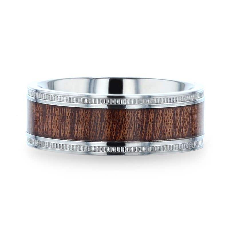 Koa Wood Inlaid Titanium Men's Wedding Ring With Polished Milgrain Edges - 8mm - Mocha- Sparkle & Jade-SparkleAndJade.com 