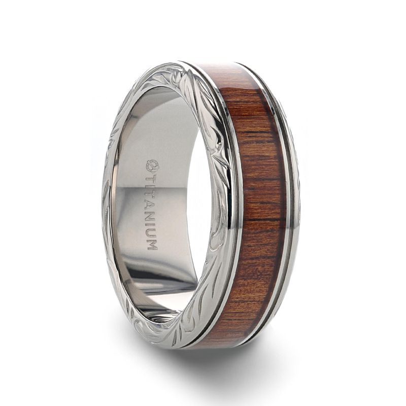 Koa Wood Inlaid Titanium Wedding Ring w/ Intricate Edges 6-10mm - OHANA- Sparkle & Jade-SparkleAndJade.com T6013-TPKW