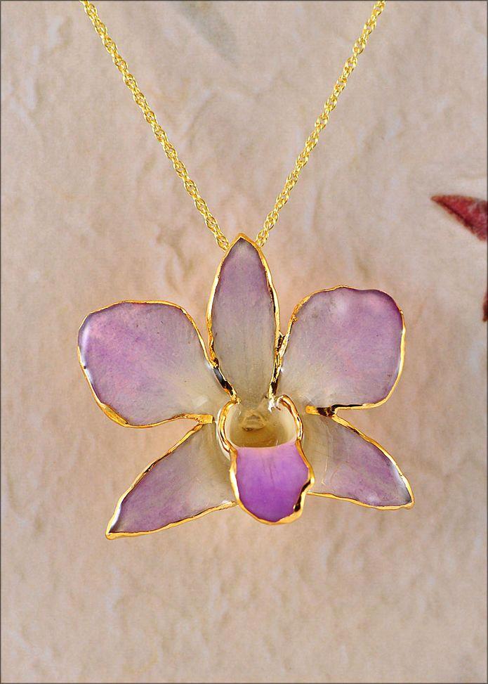 Lacquer Dipped 24k Gold Trimmed Lilac Dendrobium Orchid 20" Necklace- Sparkle & Jade-SparkleAndJade.com 689L BF2017-20
