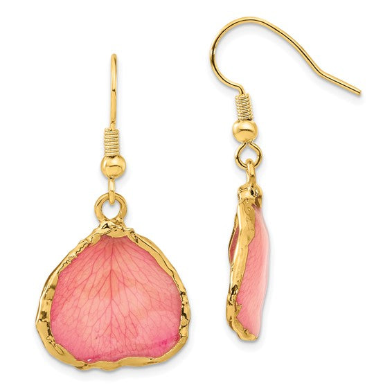 Lacquer Dipped 24k Gold Trim Pink Rose Petal Dangle Earrings- Sparkle & Jade-SparkleAndJade.com BF1359