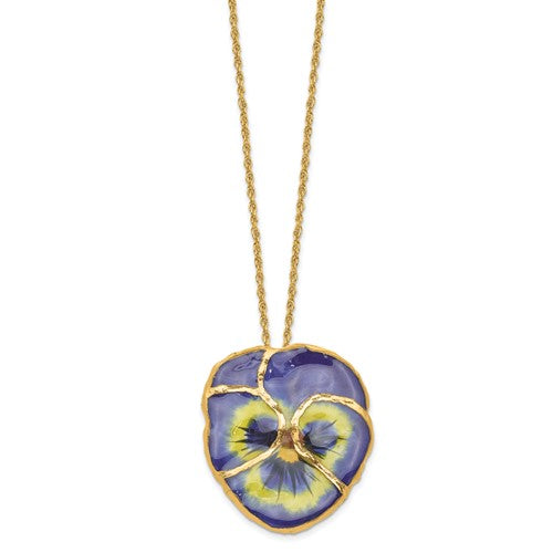 Lacquer Dipped Blue Pansy Necklace with Gold-Tone 20" Chain- Sparkle & Jade-SparkleAndJade.com BF2022-20