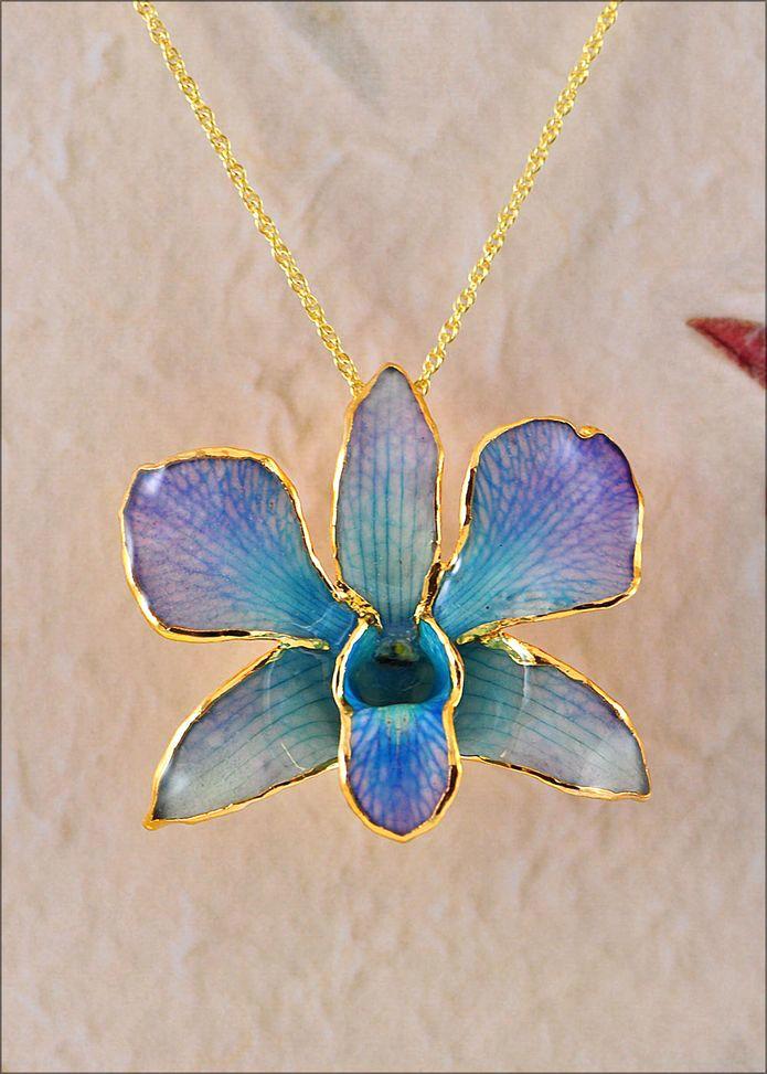 Lacquer Dipped Gold Trimmed Blue and Purple Dendrobium Real Orchid Necklace- Sparkle & Jade-SparkleAndJade.com 689BLPB BF2019-20