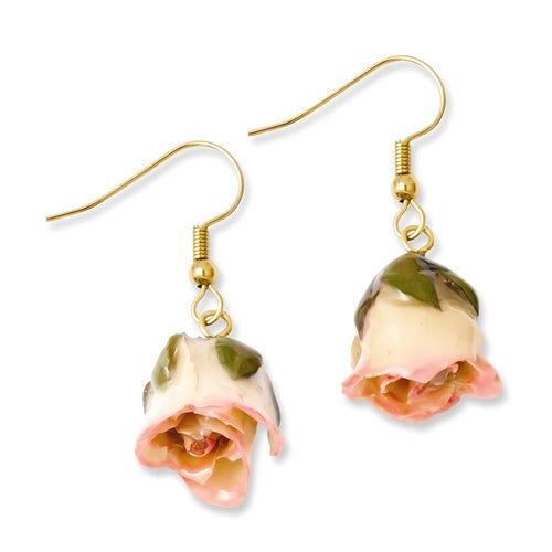 Lacquered Cream & Pink Real Rose Dangle Earrings- Sparkle & Jade-SparkleAndJade.com BF1990