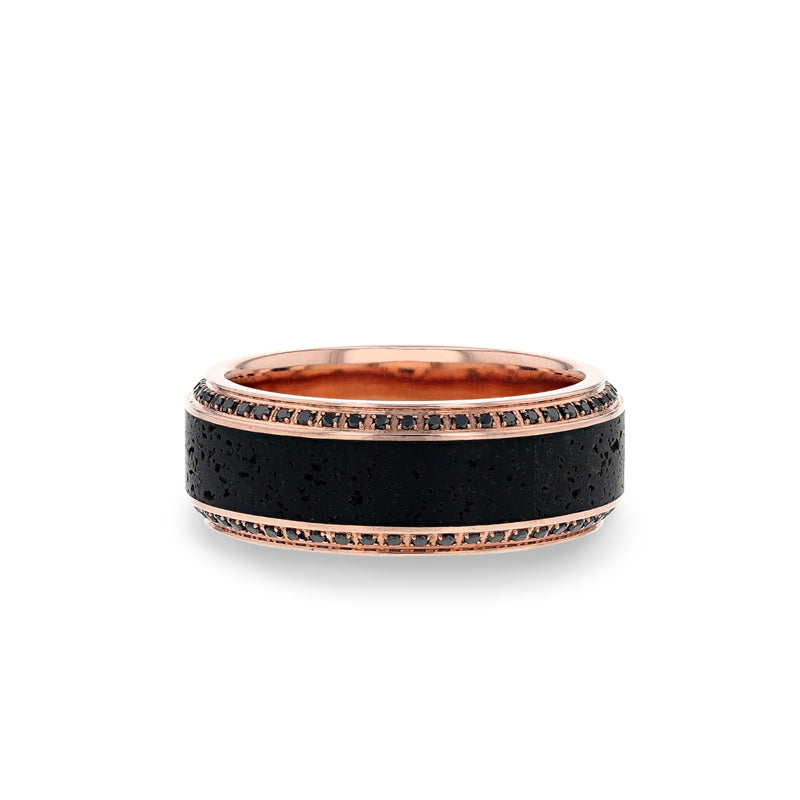 Lava Inlaid 10K Rose Gold Wedding Ring Polished Beveled Edges Set with Round Black Diamonds - 10mm - HYPERIA- Sparkle & Jade-SparkleAndJade.com 