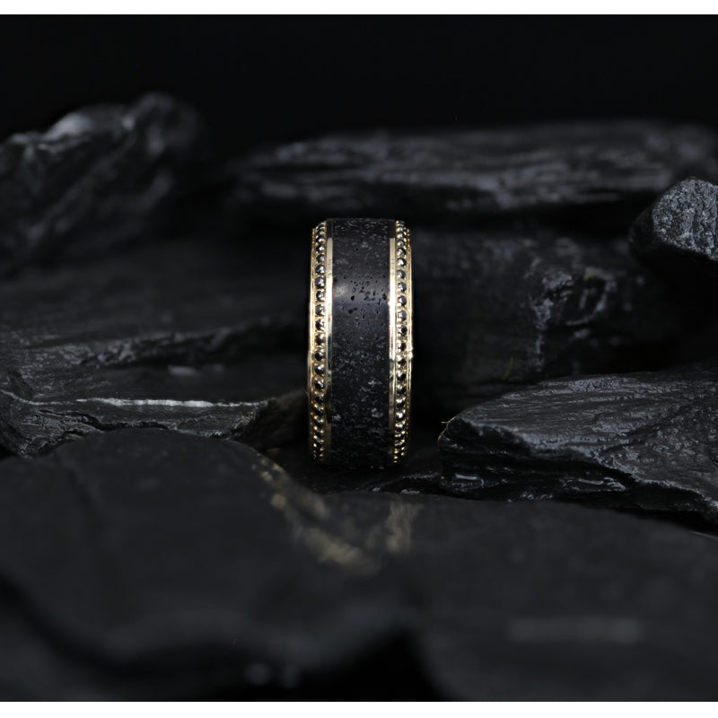 Lava Inlaid 10K Yellow Gold Wedding Ring Polished Beveled Edges Set with Round Black Diamonds - 10mm - HYPERION- Sparkle & Jade-SparkleAndJade.com 