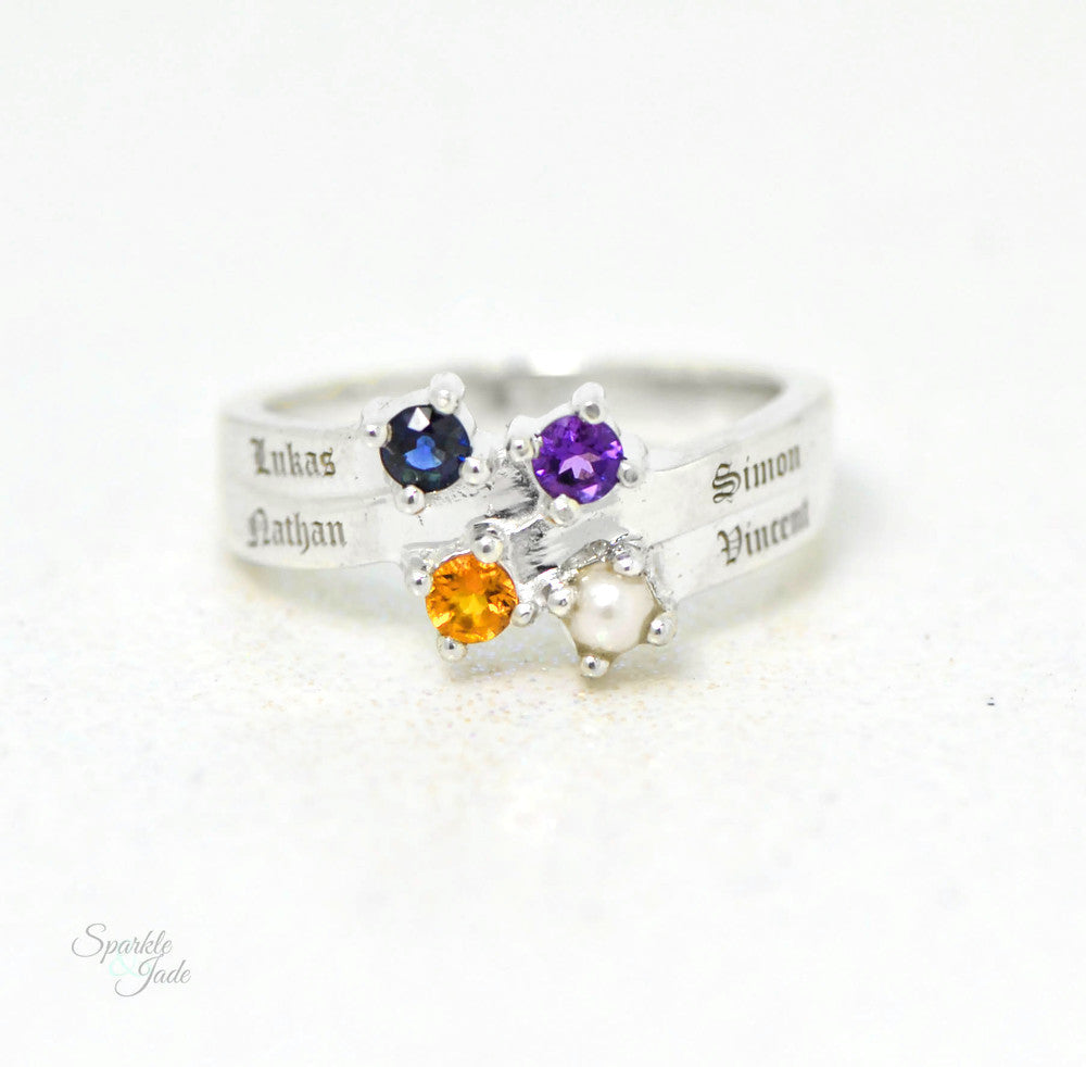 Layered Engraved Name Mother's Family Birthstone Ring- Sparkle & Jade-SparkleAndJade.com 