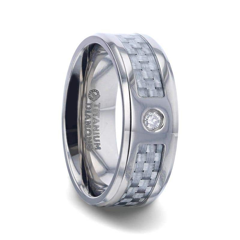Light Gray Carbon Fiber Titanium Men's Wedding Band with White Diamond In The Squared Center Setting And Polished Beveled Edges - 8mm - MAYBACH- Sparkle & Jade-SparkleAndJade.com 