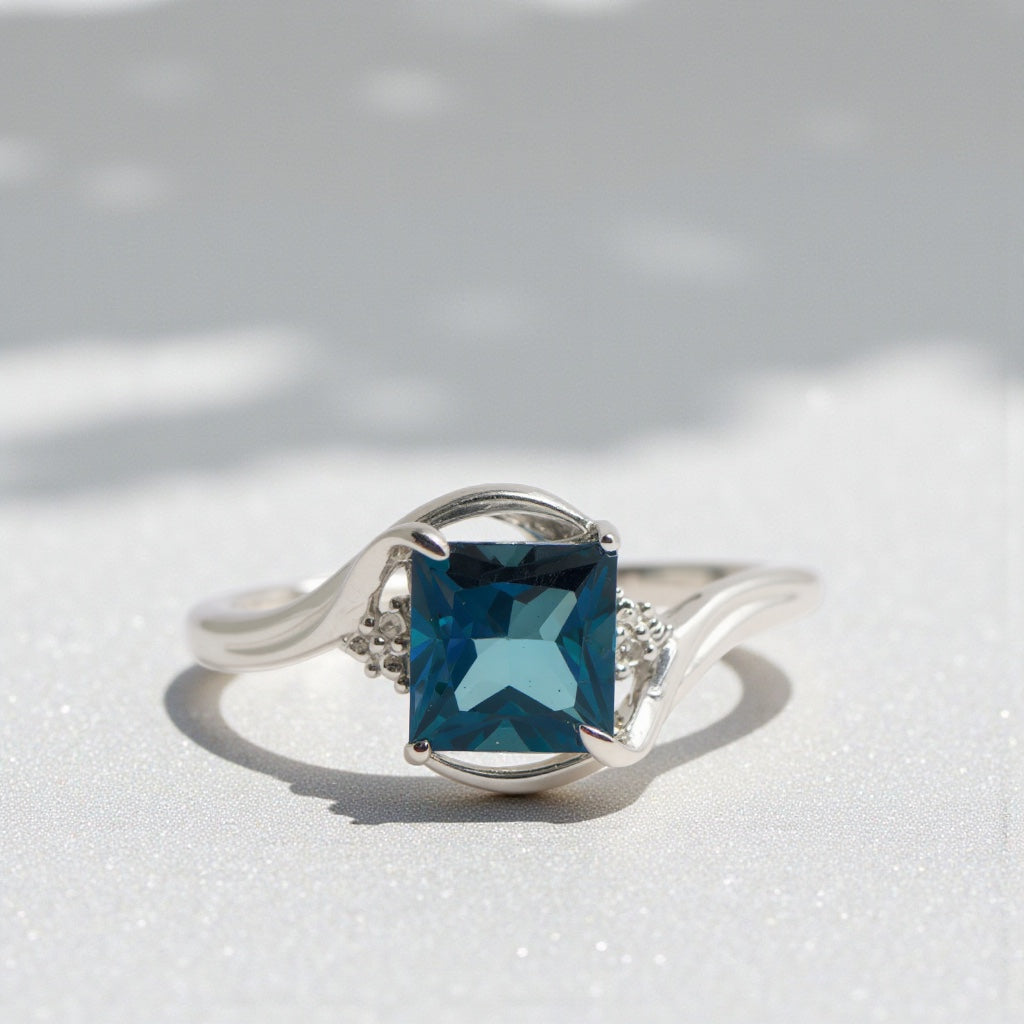 Sterling Silver Diamond & London Blue Topaz Princess Cut Ring- Sparkle & Jade-SparkleAndJade.com 