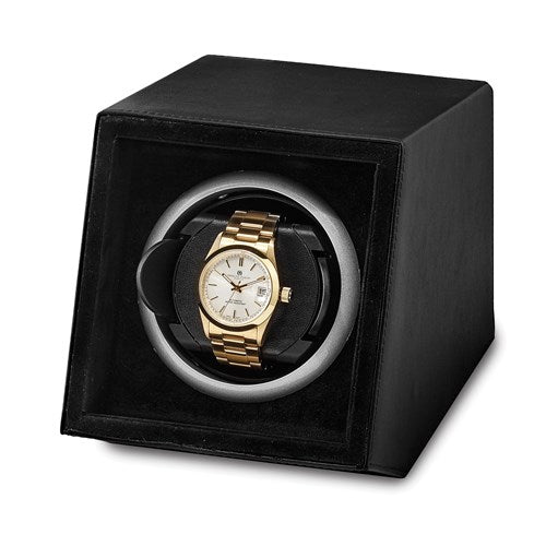 Luxury Giftware Black Faux Leather Acrylic Window Single Watch Winder- Sparkle & Jade-SparkleAndJade.com JWW711-BL