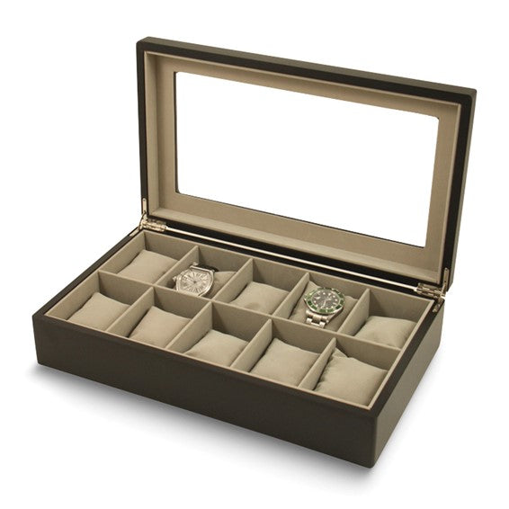 Matte Black Finish Glass Lid Velour Lined Wooden 10-Watch Case- Sparkle & Jade-SparkleAndJade.com GM13153