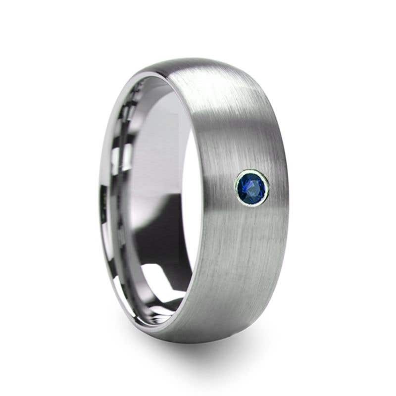 Men’s Domed Brushed Tungsten Wedding Ring with Blue Diamond Center - 6mm & 8mm - MELANTHIOS- Sparkle & Jade-SparkleAndJade.com 