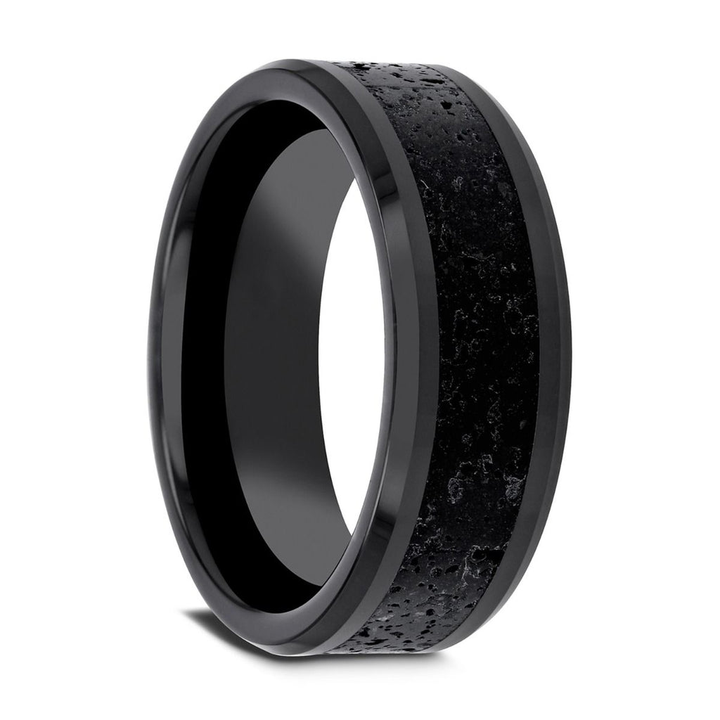 Men’s Polished Black Ceramic Wedding Band with Black & Gray Lava Rock Stone Inlay & Polished Beveled Edges - 6mm & 8mm -VESUVIUS- Sparkle & Jade-SparkleAndJade.com 