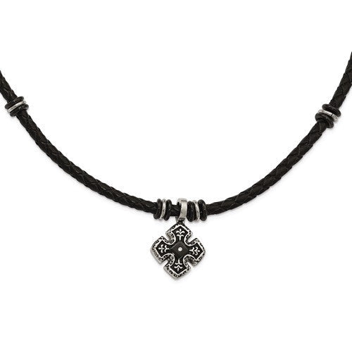 Men's Stainless Steel Polished Black IP Cross Braided Black Leather Necklace- Sparkle & Jade-SparkleAndJade.com SRN2076-21