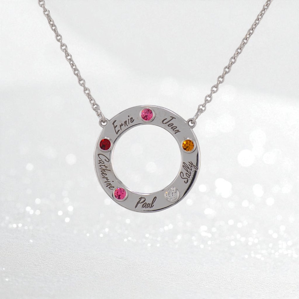 Round Open Circle Disc w/ Names & Birthstones Mother's Family Pendant Necklace- Sparkle & Jade-SparkleAndJade.com 