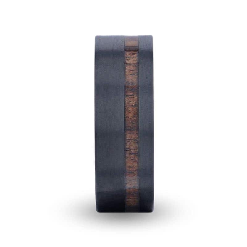 Off-Set Koa Wood Inlaid Black Titanium Men's Wedding Band With Flat Brushed Finish - 8mm - Daring- Sparkle & Jade-SparkleAndJade.com 