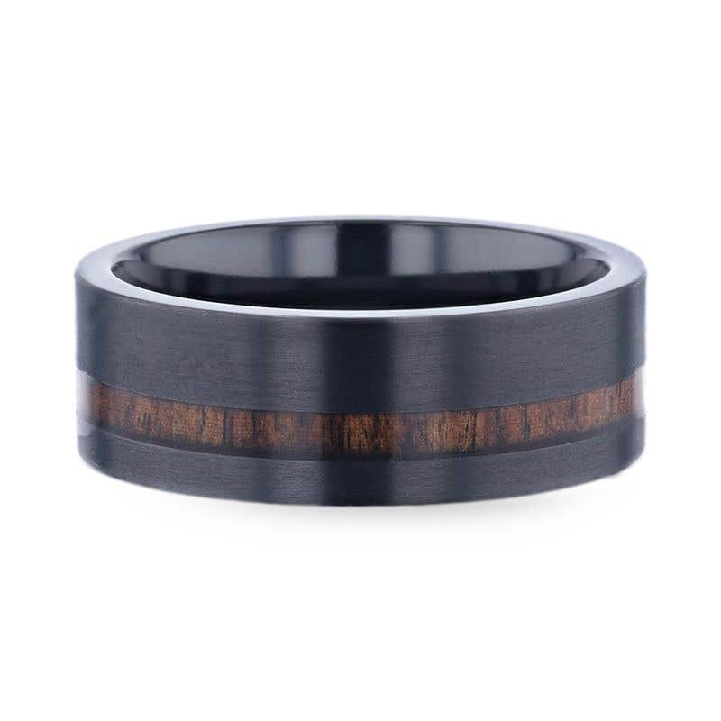 Off-Set Koa Wood Inlaid Black Titanium Men's Wedding Band With Flat Brushed Finish - 8mm - Daring- Sparkle & Jade-SparkleAndJade.com 