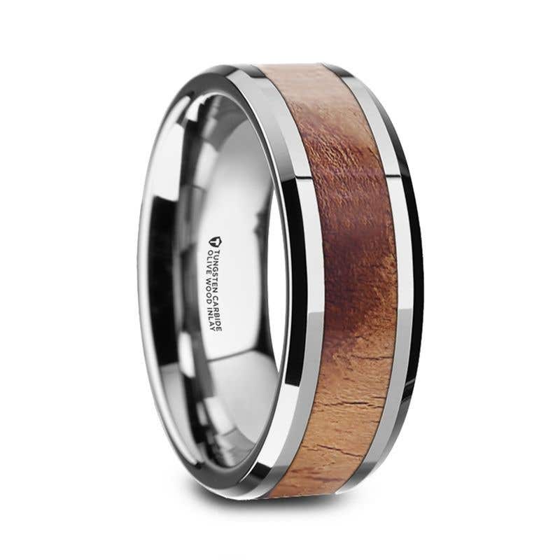 Olive Wood Inlaid Tungsten Carbide Ring with Bevels - 6mm & 8mm - Ollivander- Sparkle & Jade-SparkleAndJade.com 