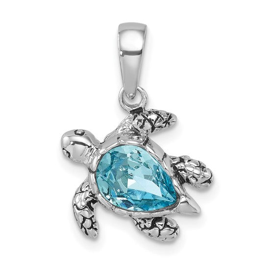 Sterling Silver Aqua Crystal Sea Turtle Pendant - Small- Sparkle & Jade-SparkleAndJade.com 