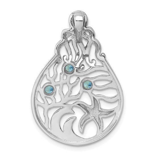 Sterling Silver Aqua Crystal Octopus and Starfish Sea Life Scene Pendant- Sparkle & Jade-SparkleAndJade.com PLP-428