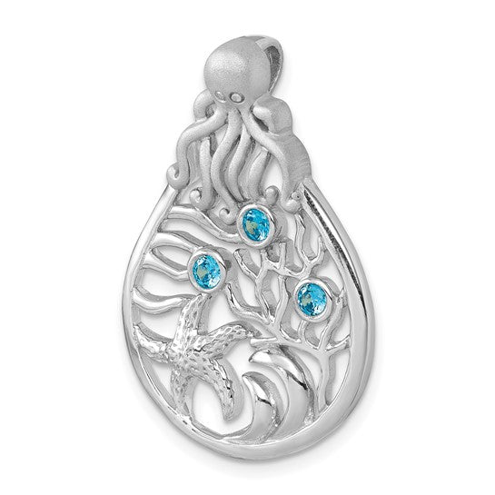 Sterling Silver Aqua Crystal Octopus and Starfish Sea Life Scene Pendant- Sparkle & Jade-SparkleAndJade.com PLP-428